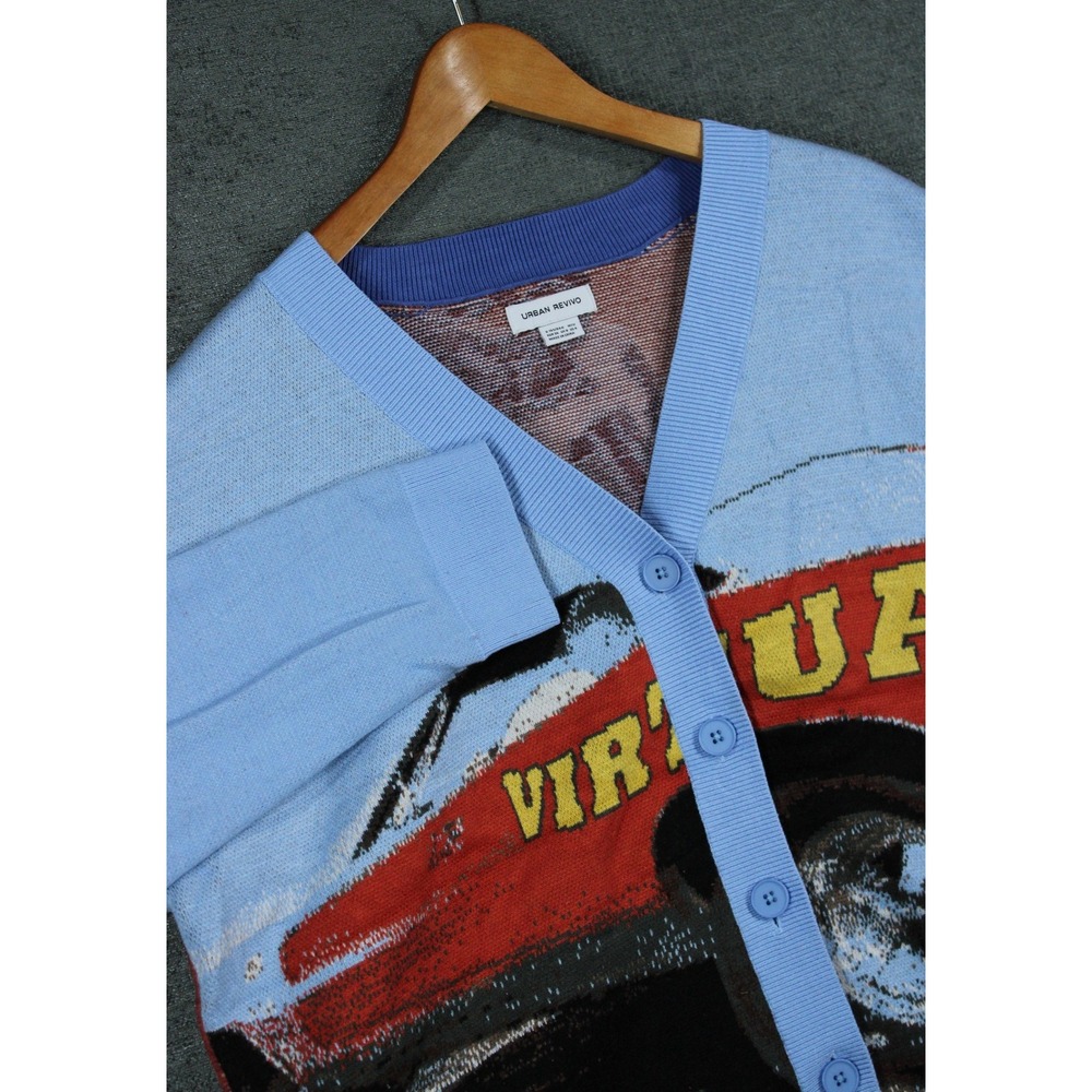 Urban Revivo Glamour Graphic Knit Cardigan Blue Retro Car Sweater WV41S9DN2001 S